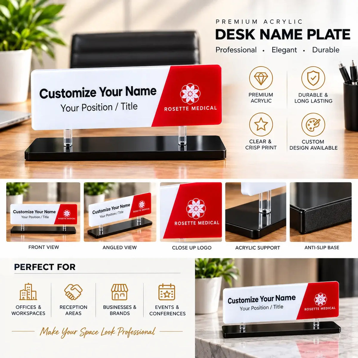Custom Acrylic Desk Name Plate β Personalized Office Name Sign with Black Base