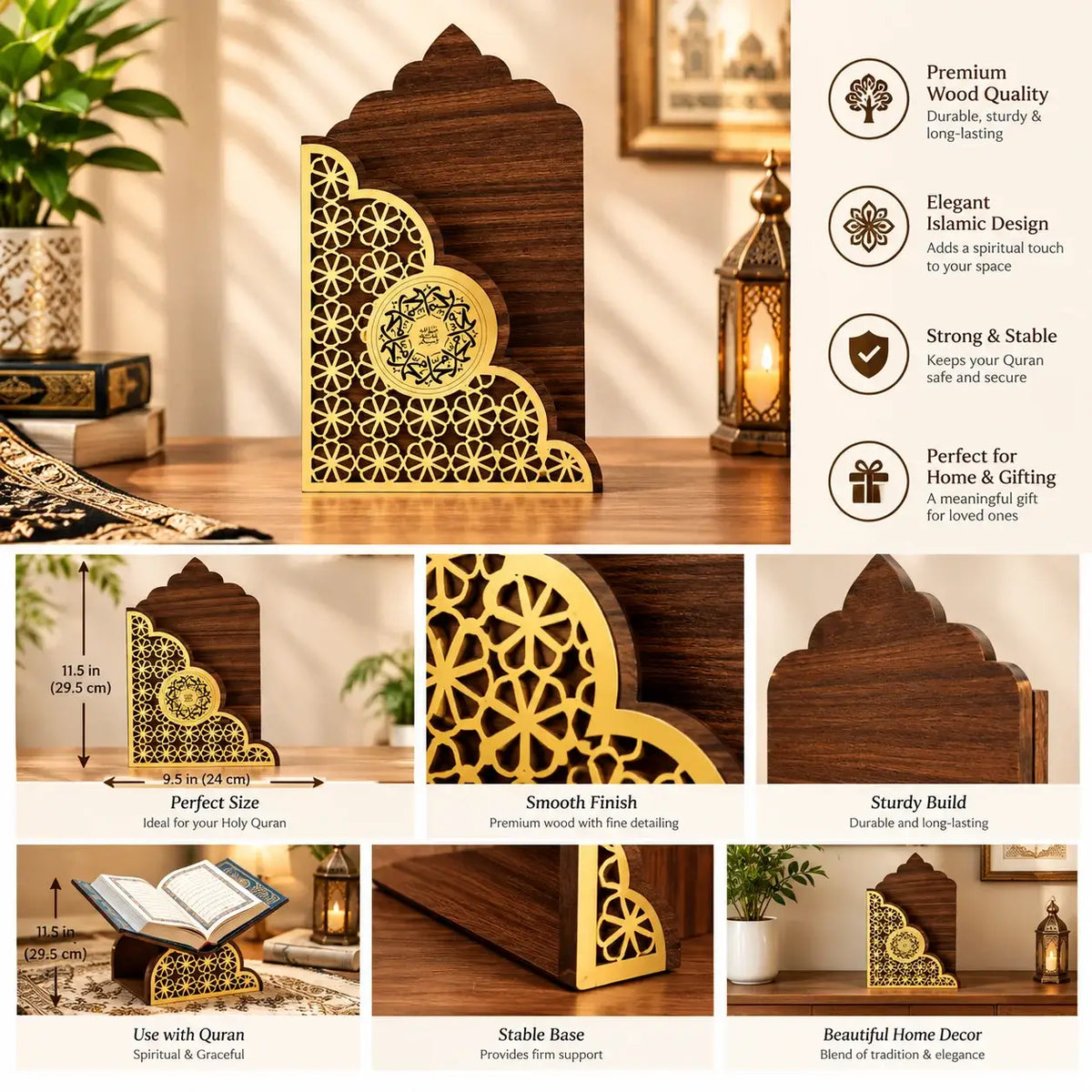 Elegant Wooden Quran Stand with Golden Islamic Lattice Design