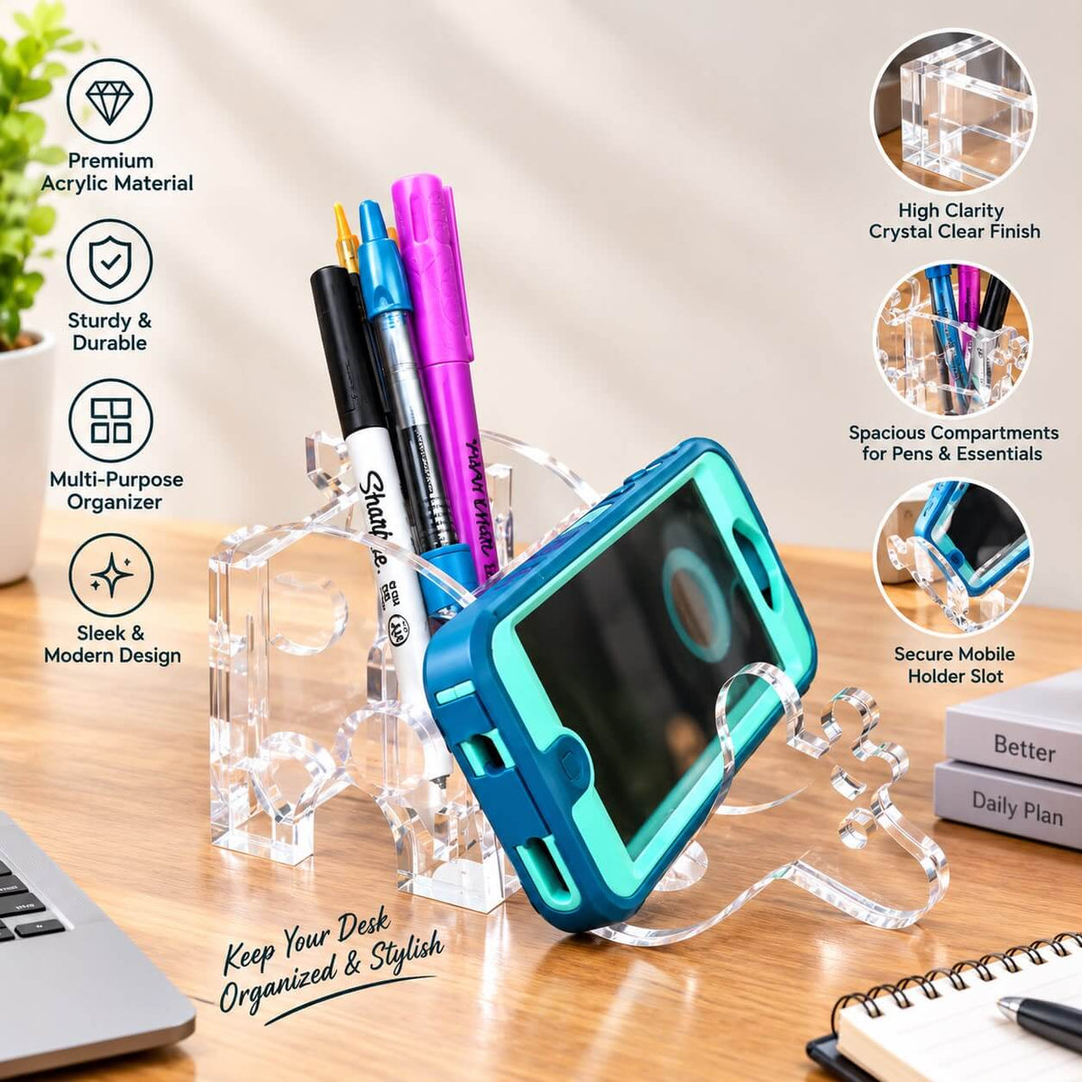 Acrylic Desk Organizer with Pen Holder