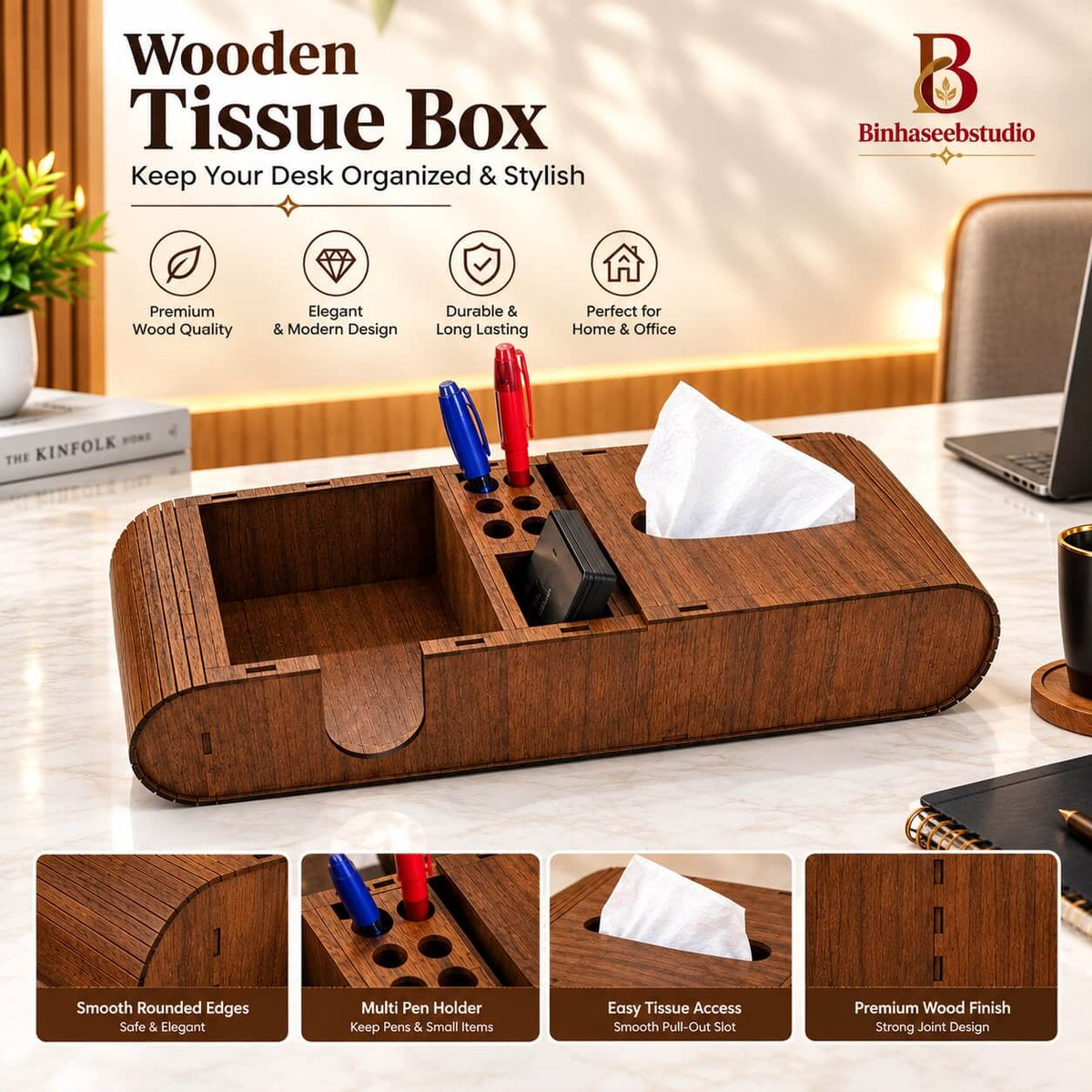 Wooden Tissue Box Organizer with Pen Holder