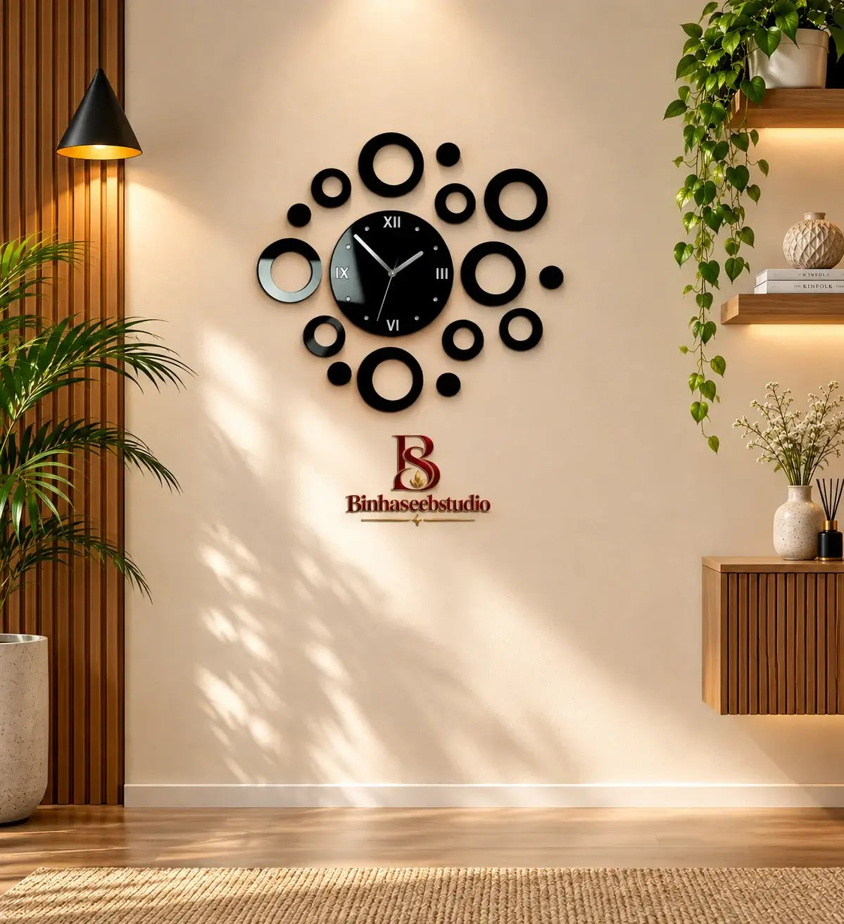 Modern 3D Decorative Wall Clock – Black Round Circle Design