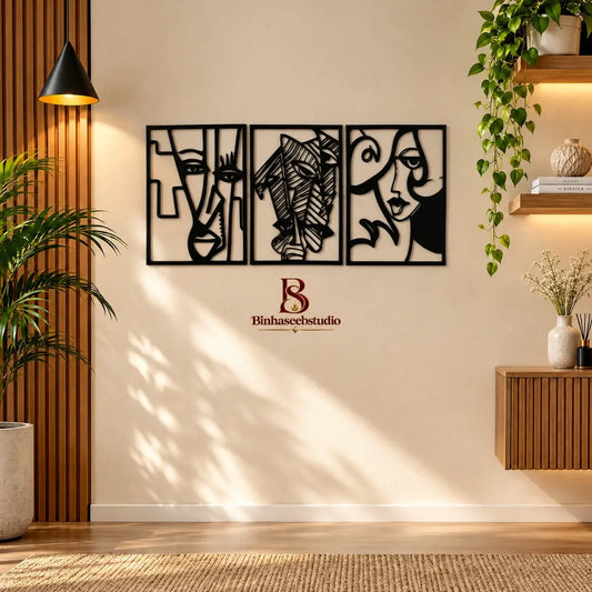Modern Abstract Faces Metal Wall Art – 3 Piece Set