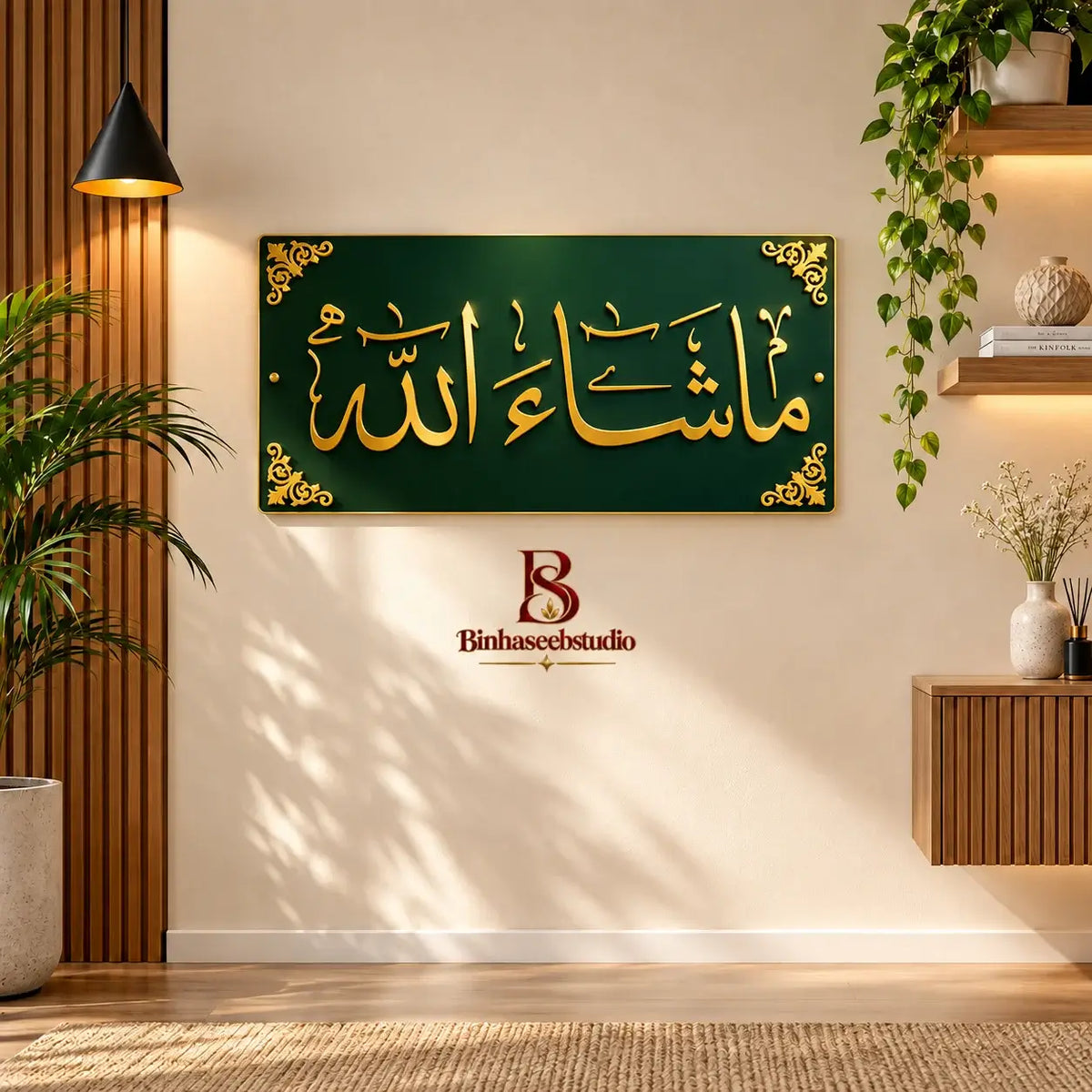 MashaAllah Islamic Calligraphy Wall Art – Gold on Green Decorative Panel